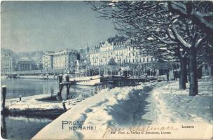 1909 Luzern, Lucerne; Prosit Neujahr! riverside in winter, steamship. Phot. u. Verlag E. Synnberg (restored corner)