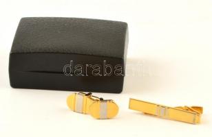 Aranyszínű mandzsettagomb párban, nyakkendőtűvel, eredeti dobozában