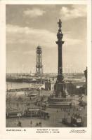 1932 Barcelona, Monument a Colom / Monumento a Colón / Columbus Monument, tram with smoking advertisement, industrial railway, quay, automobile. Zerkowitz Fotografo