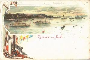 Kiel, Kriegshafen, Kaiserliche Marine / port of the Imperial German Navy, battleships. Ludwig Roth Art Nouveau, litho