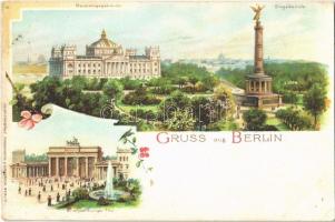 Berlin, Siegessaule, Reichstagsgebäude, Brandenburger Thor / gate, monument. Kunstanstalt Finkenrath & Grasnick. Art Nouveau, litho (EK)