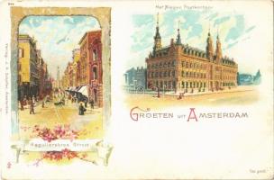 Amsterdam, Het Nieuwe Postkantoor, Reguliersbree Straat / new post office, street. J. H. Schäfer, floral, litho