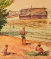 Sostarics Lajos (1896-1968): Duna parti fürdőzök. Akvarell, papír, jelzés nélkül, 30,5×22,5 cm
