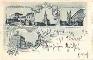 1898 Miskolc, Megyeháza, Református új templom, Mindszenti templom, Városháza tér. Gedeon és Társa kiadása. Art Nouveau, floral (vágott / cut)