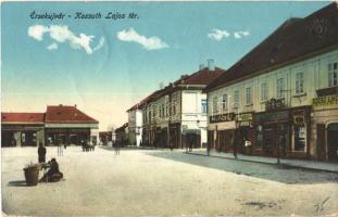 1914 Érsekújvár, Nové Zámky; Kossuth Lajos tér, Bartlik Károly, Freund Miksa, Heitler Dávid, Freund Benő, Schulcz Ignác üzlete / square, shops (EK)