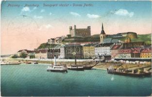 1914 Pozsony, Pressburg, Bratislava; Duna-part, vár, rakpart, gőzhajók / Donau Partie / Danube, castle, quay, steamships (EK)