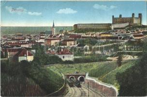 1917 Pozsony, Pressburg, Bratislava; vár, vasúti alagút, gőzmozdony, vonat / castle, railway tunnel, locomotive, train (r)