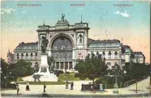 1916 Budapest VII. Központi pályaudvar (Keleti pályaudvar), vasútállomás, Baross szobor (kissé ázott / slightly wet)