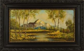 Sárai Ernő (1887-1957): Távoli hegycsúcs. Olaj, falemez, keretben,  31×63 cm