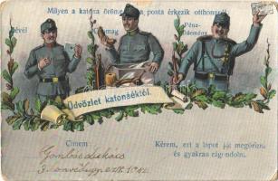 Üdvözlet katonáéktól. / WWI K.u.K. (Austro-Hungarian) military greeting art postcard (EK)