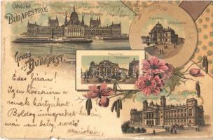 1901 Budapest, Országház, Parlament, Vígszínház, Népszínház, Igazságügyi Palota. Ottmar Zieher Art Nouveau, floral, litho (b)