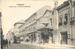 1915 Budapest VII. Király utca, Király színház, cukorka és nyakkendő üzletek, bor- és sörház, villamos (fl)