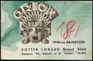 1938 Bp. VIII., Rotter Loránd Rotand Rádió Orion árjegyzéke