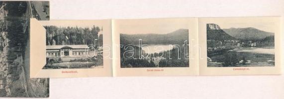 Tusnádfürdő, Baile Tusnad; leporellólap, belül: alsó vasúti híd, Stefánia fürdő, Vasútállomás, Mária...