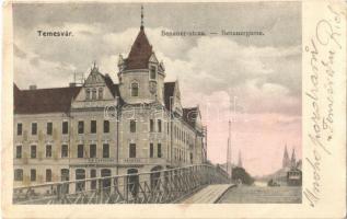 1908 Temesvár, Timisoara; Benauer utca, Horgony kávéház, villamos / Benauergasse / street view, café, tram (kissé ázott sarkak / slightly wet corners)