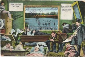 1923 Hévíz, Lakáshiány a főszezonban, éjjeli szállás idegeneknek, lakás 5kor-tól feljebb. Humoros montázs, Kiadja Mérei Ignác (EK)