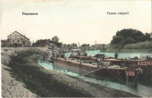 Pancsova, Pancevo; Temes rakpart, uszályok, Pancsovai Népbank Közraktára / Timis riverside, quay, barges, warehouse of the bank