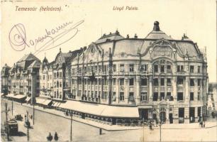 1913 Temesvár, Timisoara; Belváros, Lloyd palota, reisz Alfréd üzlete, villamos. Feder R. Ferenc felvétele és kiadása / palace, shops, tram (fl)