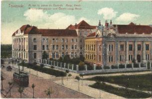 Temesvár, Timisoara; M. kir. posta és osztrák-magyar bank, villamos / post office and Austro-Hungarian bank, tram (EK)