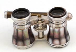 Gyöngyház díszítésű nyeles színházi látcső, működik, kopásnyomokkal, 10×6,5 cm