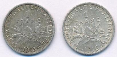 Franciaország 1913-1916. 1Fr Ag (2x) T:2 France 1913-1916. 1 Franc Ag (2x) C:XF KM# 844.1