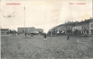 1911 Szászrégen, Reghin; Fő tér, piac, üzletek. Bischitz I. kiadása / Hauptplatz / main square, shops, market (fa)