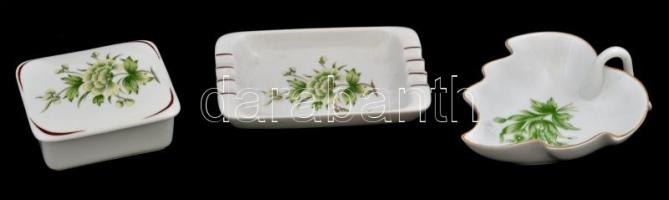 Hollóházi Erika mintás kis porcelán tárgyak, 3 db, matricás, jelzett, kis kopásnyomokkal