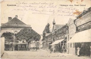 1915 Komárom, Komárno; Vármegye utca, Központi szálloda, Zechmeister, Stern Bernát üzlete. L. H. Pannonia 7530. / street view, Hotel Central, shops (EB)