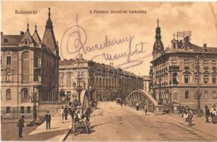 1915 Kolozsvár, Cluj; Ferenc József út torkolata, híd, Fonciere Biztosító Intézet, Fesztinger üzlete / street, bridge, insurance company, shop