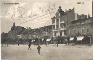 1914 Szatmárnémeti, Satu Mare; Deák tér, Huszár Aladár és Morán János üzlete, dohány tőzsde, Moskovits cipőgyár / square, shops, tobacco, shoe factory