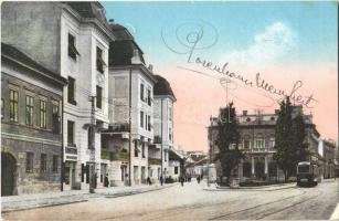 Újvidék, Novi Sad; M. kir. főposta, Adamovits palota, villamos / post office, palace, tram