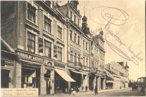 1914 Eszék, Essegg, Osijek; Svratiste Royal / Royal szálloda, Matkovic, Julius Drechsler üzlete / hotel, shops, street view