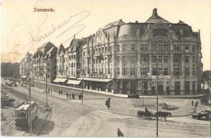 1913 Temesvár, Timisoara; tér, villamos, Lloyd palota / square, tram, palace