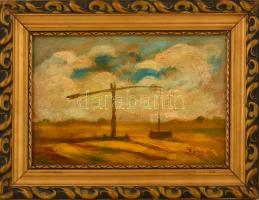Tornyai János (1869-1936): Gémeskút. Olaj, karton, fa keretben, 23×33 cm