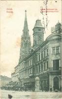 1908 Eszék, Essegg, Osijek; Khuen Héderváry tér, templom, üzletek / square, church, shops (fl)