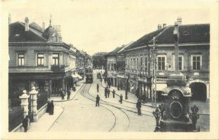 1933 Újvidék, Novi Sad; Dunavska ulica / Duna utca, villamos, üzletek / street view, tram, shops (EK)