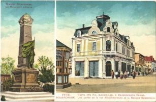 Ruse, Rustschuk; Le Monument militaire, Une partie de la rue Alexandrowska et la Banque Balcanique / military monument, street view, bank