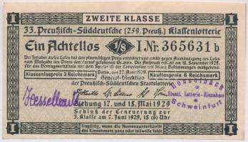 Németország / Weimari Köztársaság 1929. 1/8 sorsjegy T:III Germany / Weimar Republic 1929. 1/8 value lottery ticket C:F