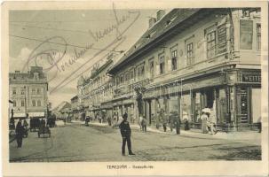 1913 Temesvár, Timisoara; Kossuth tér, Weiterschütz G. utóda, Novák Gusztáv és Csendes és Fischer üzlete, Nép Takarékpénztár / square, shops, bank