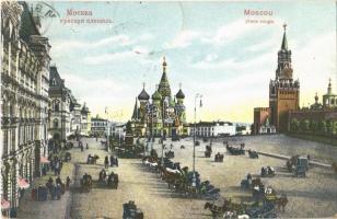 1911 Moscow, Moskau, Moscou; Place Rouge / Red Square, Saint Basils Cathedral, horse-drawn carriages