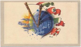 Magyar irredenta üdvözlőkártya a tengelyhatalmak zászlóival / Hungarian irredenta greeting card with the flags of the Axis powers, propaganda s: Bozó (non PC) (12 x 7 cm)
