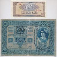 1902. 1000K + 1913. 20K (3x) + Románia 1966. 5L T:III, III- közte ragasztott