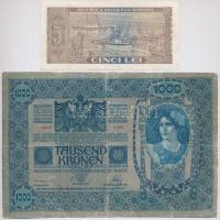 1902. 1000K + 1913. 20K (3x) + Románia 1966. 5L T:III, III- közte ragasztott