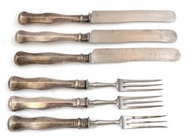 Ezüst(Ag) nyelű kés és villa, 6 db (3+3), egyik kés pótolt, h: 23 és 26 cm