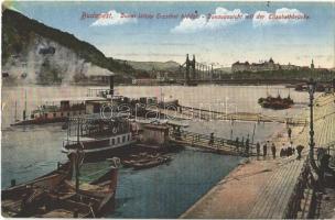 1921 Budapest, Dunai látkép az Erzsébet híddal, gőzhajó kikötő, rakpart (EK)