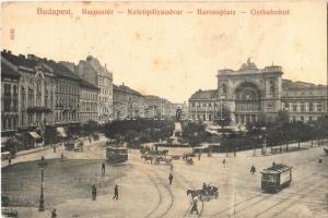 1913 Budapest VII. Keleti pályaudvar, Baross tér és szobor, villamosok. Taussig A. 9242. (fl)