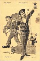 Prosit Neujahr! K.u.K. Kriegsmarine Matrose / Boldog Újévet! / Buon capo danno! / Sretna nova godina! / Austro-Hungarian Navy mariner humour art postcard, New Year greeting, drunk mariner. G. Fano, Pola 1910-11. 2414. s: Ed. Dworak (fl)