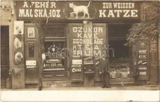1911 Nagybecskerek, Zrenjanin, Veliki Beckerek; Vegyeskereskedés a Fehér Macskához. Phot. Oldal / Delikatessen Zur Weissen Katze / shop. photo (lyuk / pinhole)
