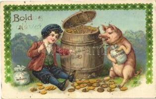 Boldog újévet! / New Year greeting, coin barrel. golden decorated litho (fa)