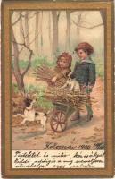 1900 Children with dogs. Winkler & Schorn Meisterbilder Serie Emb. litho (worn corners)